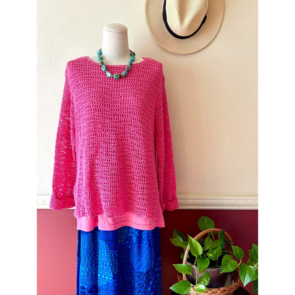 Vintage Christie & Jill Pink Crochet Sweater Ramie Cotton Sz L Beachy Boho Lined